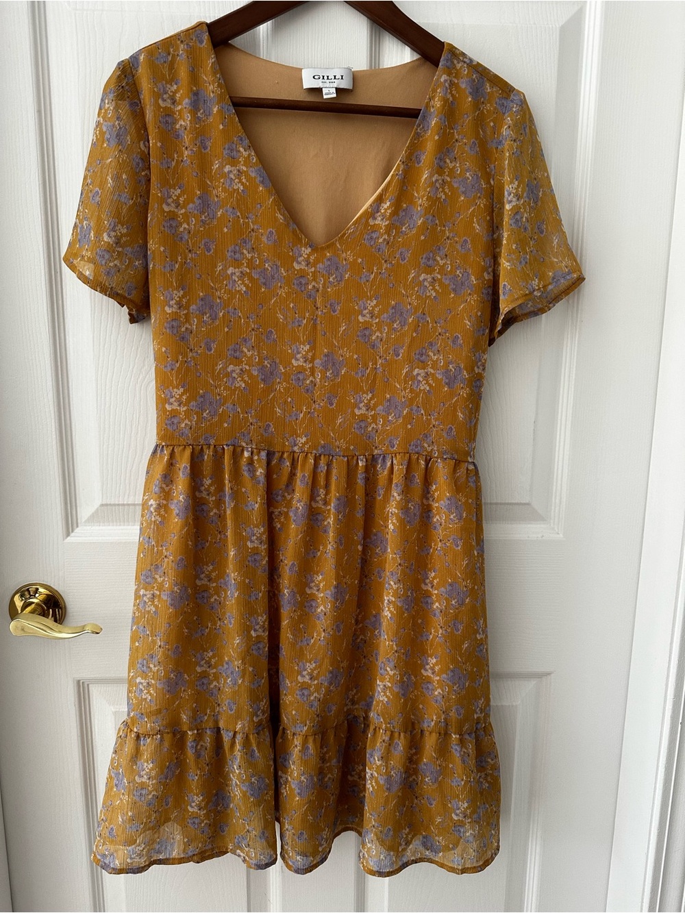 Gilli Mustard Yellow Floral V-Neck Mini Dress Size L Tie Back Ruffle Tiered Boho